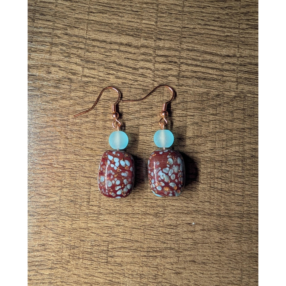 Blue & Brown Glass Dangle Earrings with Rose Gold Hooks Handmade Speckled Bead - Picture 5 of 8